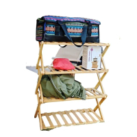 【May shop】露營居家置物木製摺疊四層架(附收納袋)
