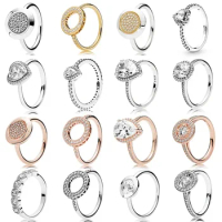 original 100% 925 Sterling Silver pan Ring with logo 100% 925 rose gold love elegant large zircon ring