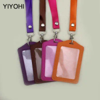 YIYOHI Name Credit Card Holders Women Men PU Bank Card Neck Strap Card Bus ID holders candy colors Identity badge with lanyard 2