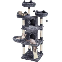 Large Cat Tree Plush Tower with Caves Condos Platforms Scratching Board, Dark Gray cat tree house cat tree cat tower