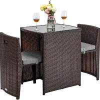 3 PCS Wicker Outdoor Patio Set, Patio Furniture Set with Glass Top Table Dining Chairs, Balcony Table and Chairs Set of 2