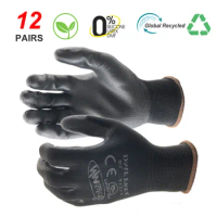 24 Pieces/12 Pairs PU Palm Coated Knitted Nylon Cotton Safety Glove Mechanic Protective Working Gloves CE Certificated EN388