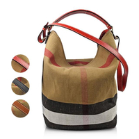 【BURBERRY 巴寶莉】經典格紋棉麻肩斜兩用子母水桶包(三色可選)