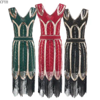 1920s 30s Vintage Flapper Great Gatsby Party Dress V-Neck Sleeveless Sequin Beaded Style Tassel Flapper Vestidos Feminina 1920