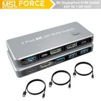 Dual DisplayPort USB KVM Switch 2 DP IN 1 DP Out Mixed Inputs DP 2 Port 8K 60Hz 4K 144Hz KVM Share 1 Monitor For PC Laptop DELL