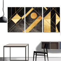 【24mama 掛畫】三聯式 油畫布 插圖 線條 幾何 黑色 藝術 無框畫-40x60cm(抽象金色)