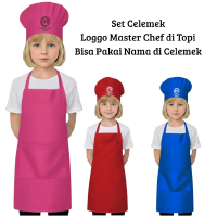 APRON CELEMEK TOPI KOKI ANAK LOGGO MASTER CHEF CUSTOM NAMA ANAK SESUKANNYA