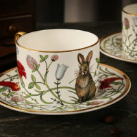 Russian Royal Porcelain Lomonosov Cartoon Rabbit Gold Plated Bone China Coffee Cup and Saucer Gift Box Gift Coffee Cup Set