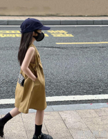 女童夏季韓國風連衣裙2024新款氣質無袖工裝裙兒童卡其色背心裙潮