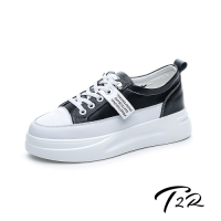 T2R-正韓空運-織帶造型真皮帆布鞋小白鞋隱形增高鞋-增高6公分-黑