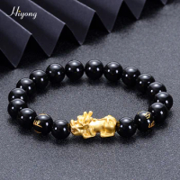 HIYONG Feng Shui Bracelets Gold Color Six Words Bracelet Black Obsidian Pixiu Bracelet High Quality Jewelry Gift For Women Men