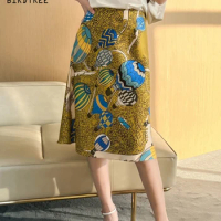 Birdtree Real Mulberry Silk Skirt 2023 Spring/Summer Holiday Hot Air Balloon Print A-Line Mid-Calf Office Lady Skirts B36633QC