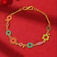 Pure 24K Yellow Gold Bracelet Women 999 Gold Colourful Geometry Bracelet Heavy Gold Bracelet