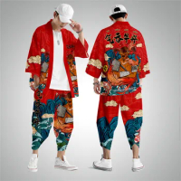 Two-piece Suit Plus Size S-6XL Loose Japanese Cardigan Women Men Cosplay Yukata Clothing Harajuku Samurai Kimono + Pants Sets