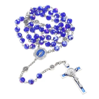 Blue Crystal Bead Rosary Necklace Vintage Catholic Religious for Cross Jesus Pen