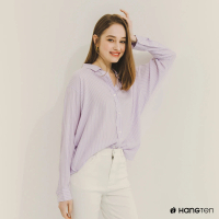 【Hang Ten】女裝-RELAXED FIT條紋長袖襯衫(紫)