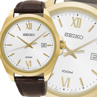 SEIKO 精工 CS系列/金色璣刻放射紋皮帶石英腕錶42㎜ SK004(SUR284P1/6N42-00H0J)