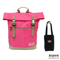 【KOPER】不平帆-復古雙釦後背包 桃氣紅 + 飲料袋 經典黑 帆布組合(MIT台灣製造)