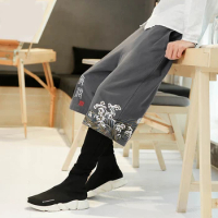 Wide Leg Pants for Men Japanese Style Waves Embroidery Vintage Ukiyo-E Bermuda Shorts Spring Summer Samurai Style 2022 Casual