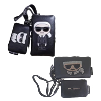 【KARL LAGERFELD 卡爾】Karl Lagerfeld 西裝老佛爺手機包&白貓零錢包 斜背帶(母親節送禮)