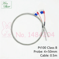 Class B Pt100 Temperature Sensor SUS304 Probe 4mm * 50mm Stainless Steel Shielded Cable 500mm 3 Wire Up to 500°C