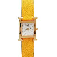 HERMES H-our系列小牛皮金框石英女仕腕錶-白x黃色錶帶/21mm