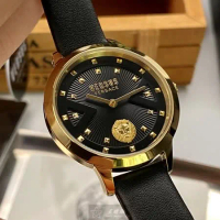 VERSUS VERSACE34mm圓形金色精鋼錶殼黑色錶盤真皮皮革深黑色錶帶款VV00062