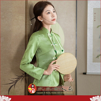 新中式女裝國風改良長袖上衣女設計感小眾盤扣唐裝別致優雅旗袍外套-月照花間(綠色)-水水女人國