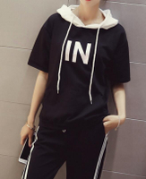 FINDSENSE MD 韓國時尚 女 寬鬆 IN字母印花 連帽撞色 短袖T恤 學生短T 運動T恤