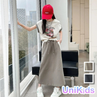 【UniKids】中大童裝2件套短袖撞色T恤半身裙 女大童裝 CVYBT9020(灰 綠)