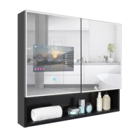 Haocrown LED Bathroom Mirror Cabinet with Touch Screen Smart Android 11 TV (13.3 inch) Aluminium Storage Cupboard Black 2023