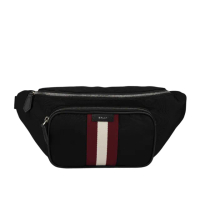 【BALLY】Code 經典紅白條紋尼龍腰包(黑色)