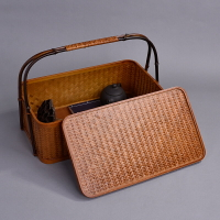 紫竹茶道收納盒 中式復古竹風食盒茶具收納包 茶人旅行品茗手提箱