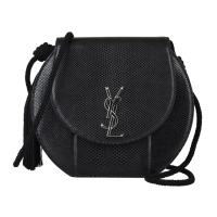 【YSL】YSL SAINT LAURENT HALF MOON銀字LOGO蛇紋牛皮翻蓋釦式斜背包(黑)