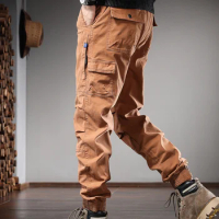 Autumn Cotton Casual Pants Men Tactical Cargo Pants Fashion Slim Fit Elastic Waist Drawstring Trousers