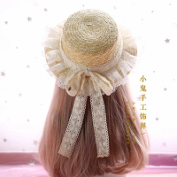 Lolita soft sister straw hat handmade forest diy basic simple lace cotton bow streamer straw hats