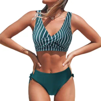 Split Underwire Ladies Swimwear Suit Underpants Stripe Tight Bra Top Women Swimsuit Thong Panties Hot Sexy Lingerie Bikini Set