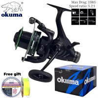 OKUMA อัตราส่วนความเร็วแบบคู่เบรคด้านหน้าและด้านหลัง5.2:1รอกหมุนคันเบ็ดรอกม้วนตกปลาโยนถ้วยปลาคาร์ฟทะ