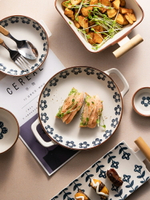 半房 日式小藍花雙耳盤家用菜盤子陶瓷甜品盤早餐盤微波爐專用盤