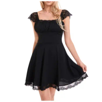 Women Lace Trim Short Dress Y2kLow Cut Sleeveless Mini Dress Ruched Bust Lace-up Corsets Spaghetti Strap Square Neck Dress