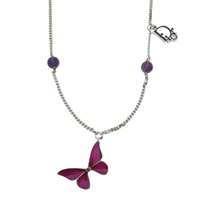 【二手名牌BRAND OFF】Dior 迪奧 桃紅色蝴蝶 紫色圓珠 項鍊