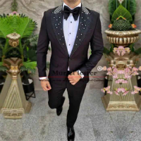 Classic Black Suit Men For Wedding Handmade Beading Crystals Lapel Jacket Pants 2 Pieces Male Fashion Prom Blazer Groom Tuxedos