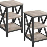 Industrial End Tables Set of 2, 3-Tier Side Tables with Storage Shelves for Living Room, X Design Sofa Tables Strong Metal Frame