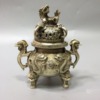 大明宣德 仿古做舊純銅黃銅鍍銀雙龍戲珠香爐 工藝品銅器擺件收藏