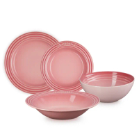 【Le Creuset】瓷器薔薇粉碗盤四件組 無盒(東京款義麵盤25cm+沙拉盤 22cm+圓盤 15cm+榖片碗16cm)