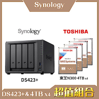 Synology DS423+ 4Bay NAS 網路儲存伺服器＋TOSHIBA  N300 3.5吋 4TB-四入組