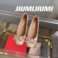 2024 JIUMIJIUMI Newest Spring Patent Leather Woman Flats Ballet Shoes Butterfly-Knot Ballet Shoes Rivet Boat Shoes Bota Feminina
