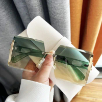 Rimless Square Sunglasses 2024 Stylish Cut Edge Oversized Gradient Multicolor Eyewear UV400 Brand Design Fashionable Green Shade