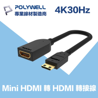 【POLYWELL】Mini HDMI轉HDMI 轉接線 公對母 4K30Hz(支援4K數位攝影DV單眼相機DSLR轉接大螢幕)