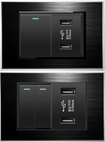 工業風 黑鋁拉絲面板 可雙控 單切/雙切電源開關+USB插座X2面板,單鍵單開/二鍵二開牆壁電源+USB插座,電燈開關